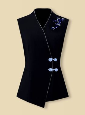 7608中国风刺绣盘扣收腰无袖西装中式马甲女装职业上衣高档外套