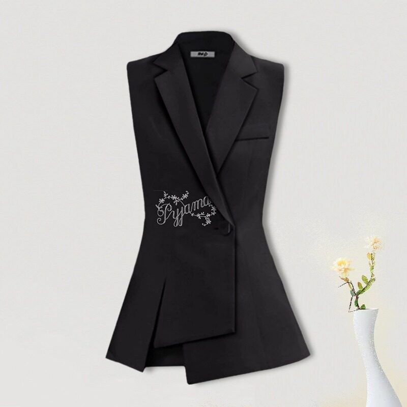 1053-4新中式刺绣马甲黑色不规则无袖西装外套女款坎肩新款小西服