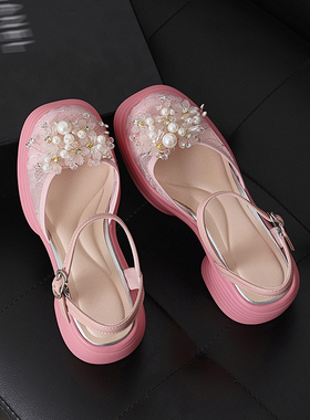 珍珠花朵玛丽珍鞋色厚底包头凉鞋一字扣甜美风增高9厘米花朵装饰