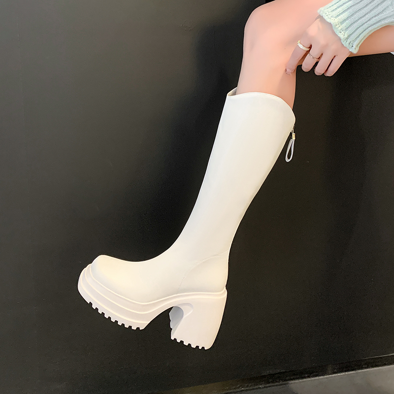 小个子厚底长靴女真皮粗跟