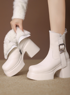 雪地靴女款2024新款冬季羊皮毛一体短靴小个子粗跟真皮东北大棉鞋