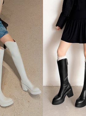 小个子10cm厚底增高粗跟长靴百搭过膝秋冬弹力网红时尚瘦瘦靴