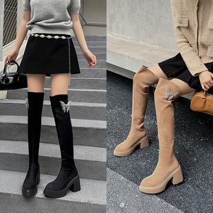 小个子增高10CM过膝靴显腿长秀气款百搭时尚高跟秋冬厚底瘦瘦靴