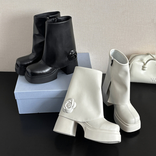 高跟时装 小个子10cm英伦风山茶花侧拉链厚底增高粗跟秋冬新款 靴