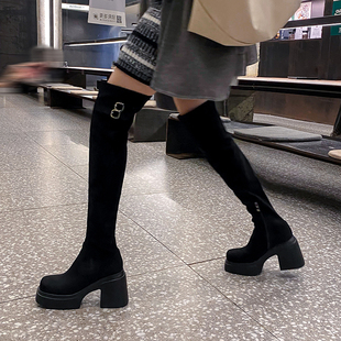 过膝长靴女2024秋冬新款麂皮绒厚底粗跟弹力靴显瘦增高瘦瘦袜靴子