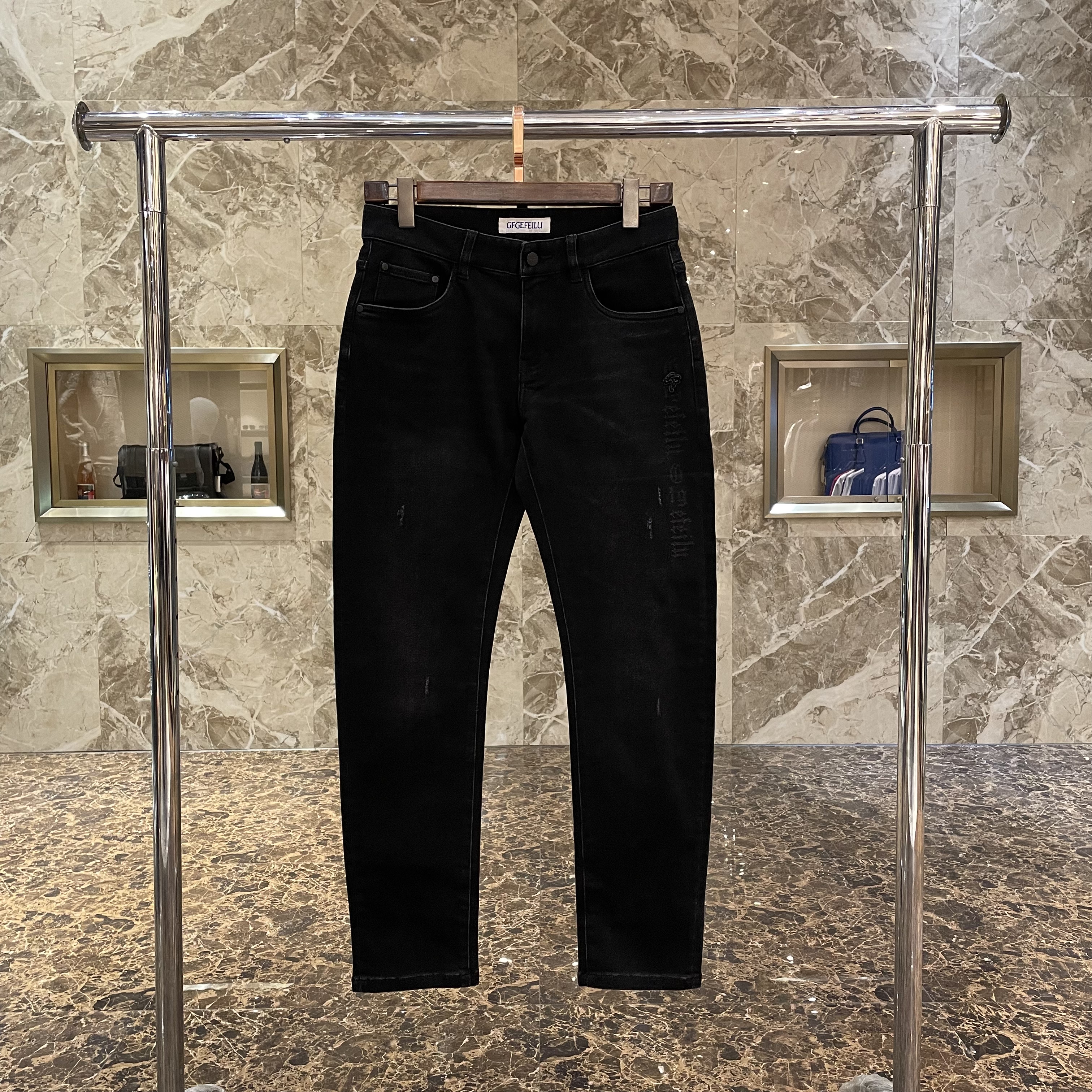 GFGEFEILU男装2025秋冬新款GF男轻奢字母提花修身小脚牛仔裤正品