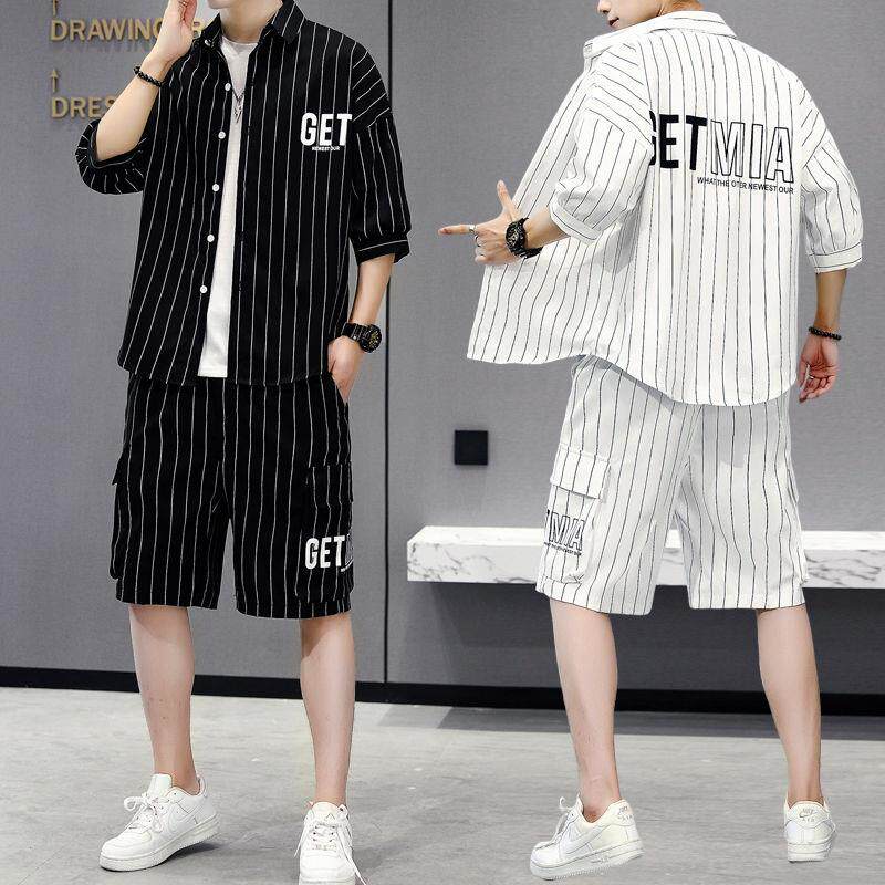 七分袖衬衫男士夏季套装休闲男装一套搭配痞帅气夏季薄款短袖外套