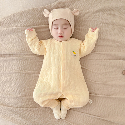 婴儿夹棉连体衣新生儿宝宝冬装秋冬a类纯棉内搭打底保暖哈衣爬服