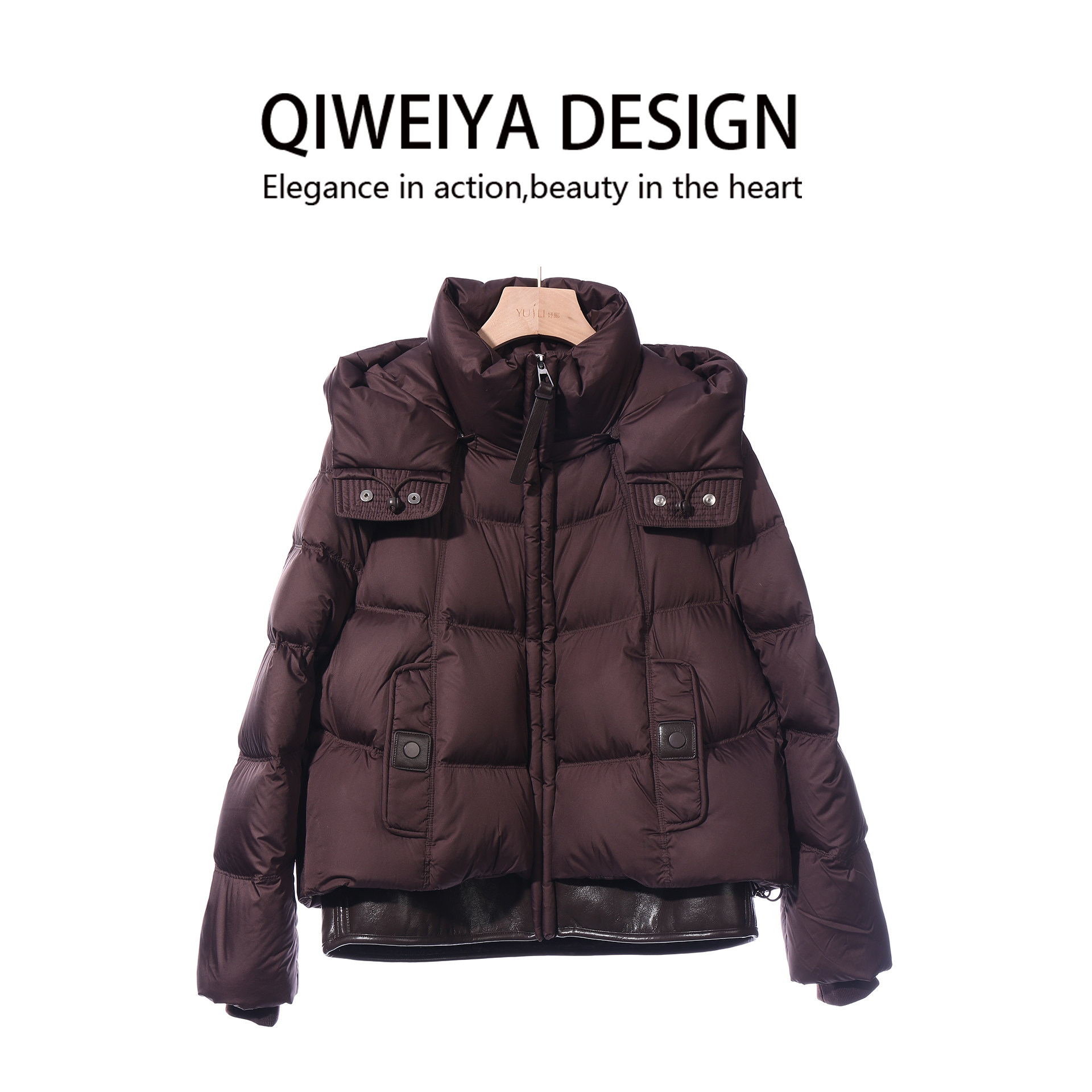 韩版立领面包服羽绒服女短款下摆拼皮多口袋保暖外套,女装/女士精品,羽绒服,淘宝优惠券,粉丝福利购,淘宝优惠卷