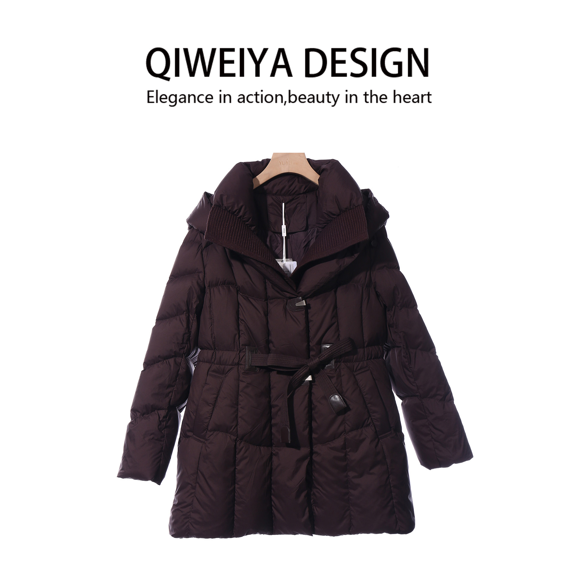 优雅风连帽中长款羽绒服女收腰束带高级感时尚显瘦外套