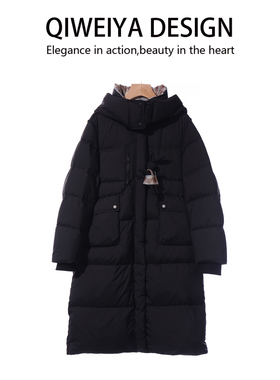 3QR 8538时尚连帽长款羽绒服女黑色加厚保暖过膝外套