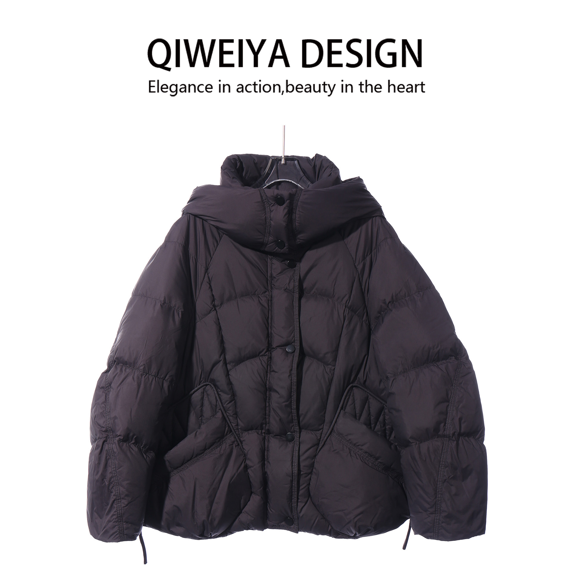 90白鸭绒黑色立领连帽羽绒服女2025冬季新款加厚短款茧型保暖外套