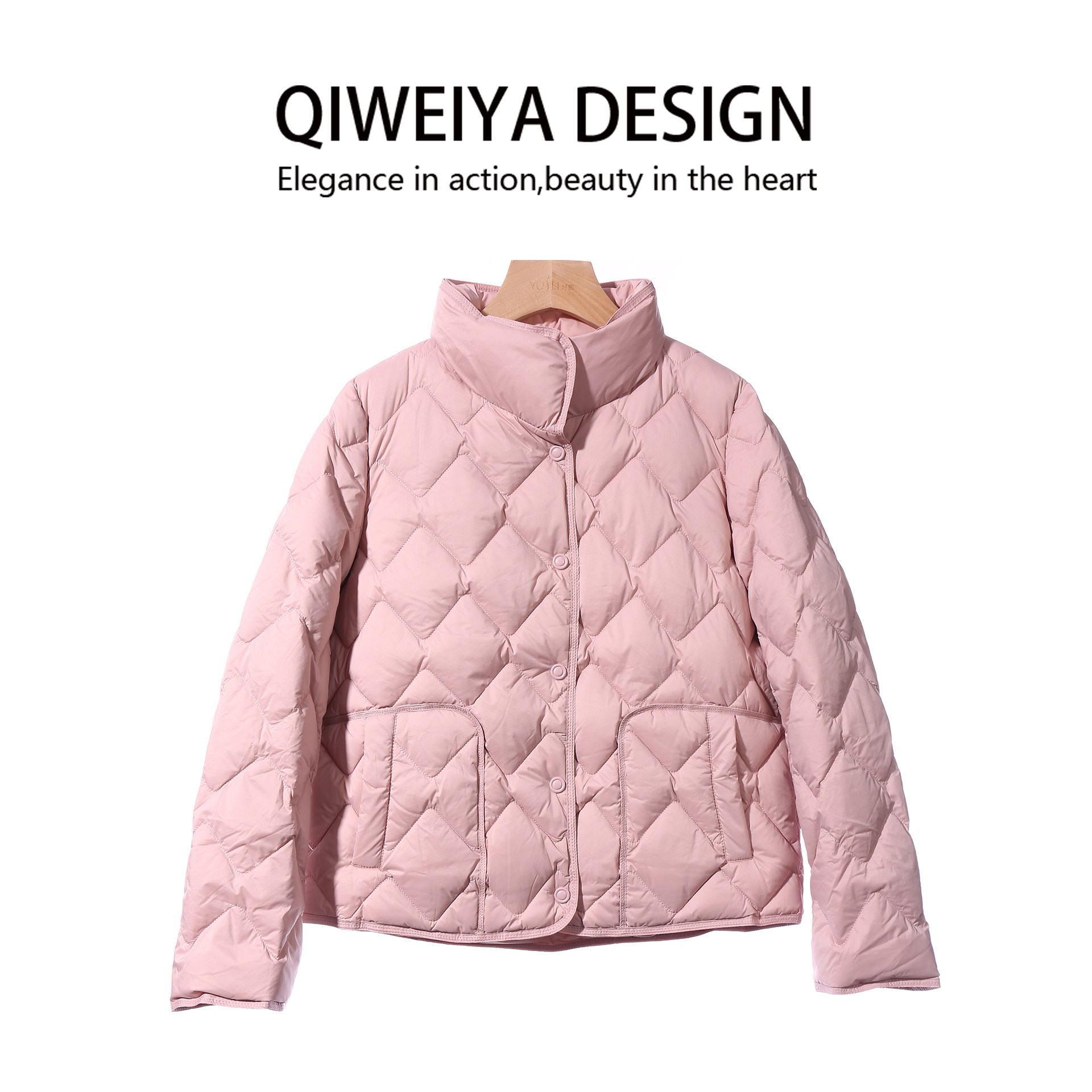 90白鸭绒羽绒服女短款小香风菱形格秋冬时尚小个子立领轻薄外套