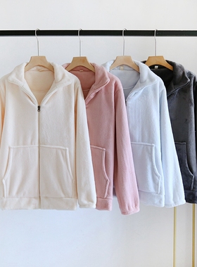 冬季上衣女士加厚法兰绒保暖珊瑚绒简约纯色厚款加绒拉链单件睡衣