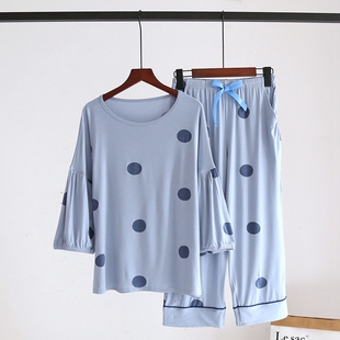 七分裤 弹力莫代尔宽松休闲圆领套头七分袖 家居服套 睡衣女薄款 夏季
