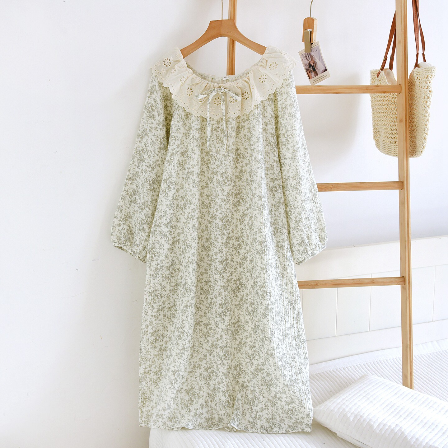 睡裙女春秋薄款纯棉双层纱布全棉绉布夏季清新简约中长款家居裙