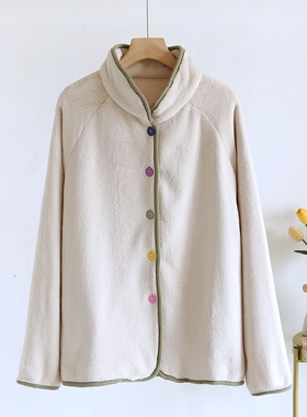 冬季睡衣上衣女加厚款法兰绒保暖珊瑚绒简约纯色立领加绒单件睡衣