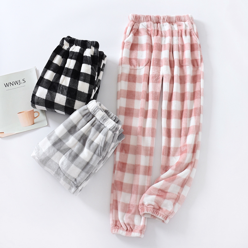 冬季加绒睡裤女加厚简约格子束脚