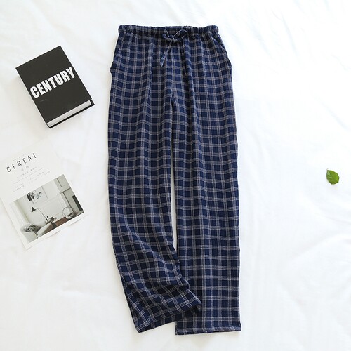 男简约格子纯棉纱布绉布家居裤