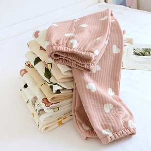 秋冬季睡裤女纯棉针织夹棉空气层厚款保暖简约清新收口家居裤长裤