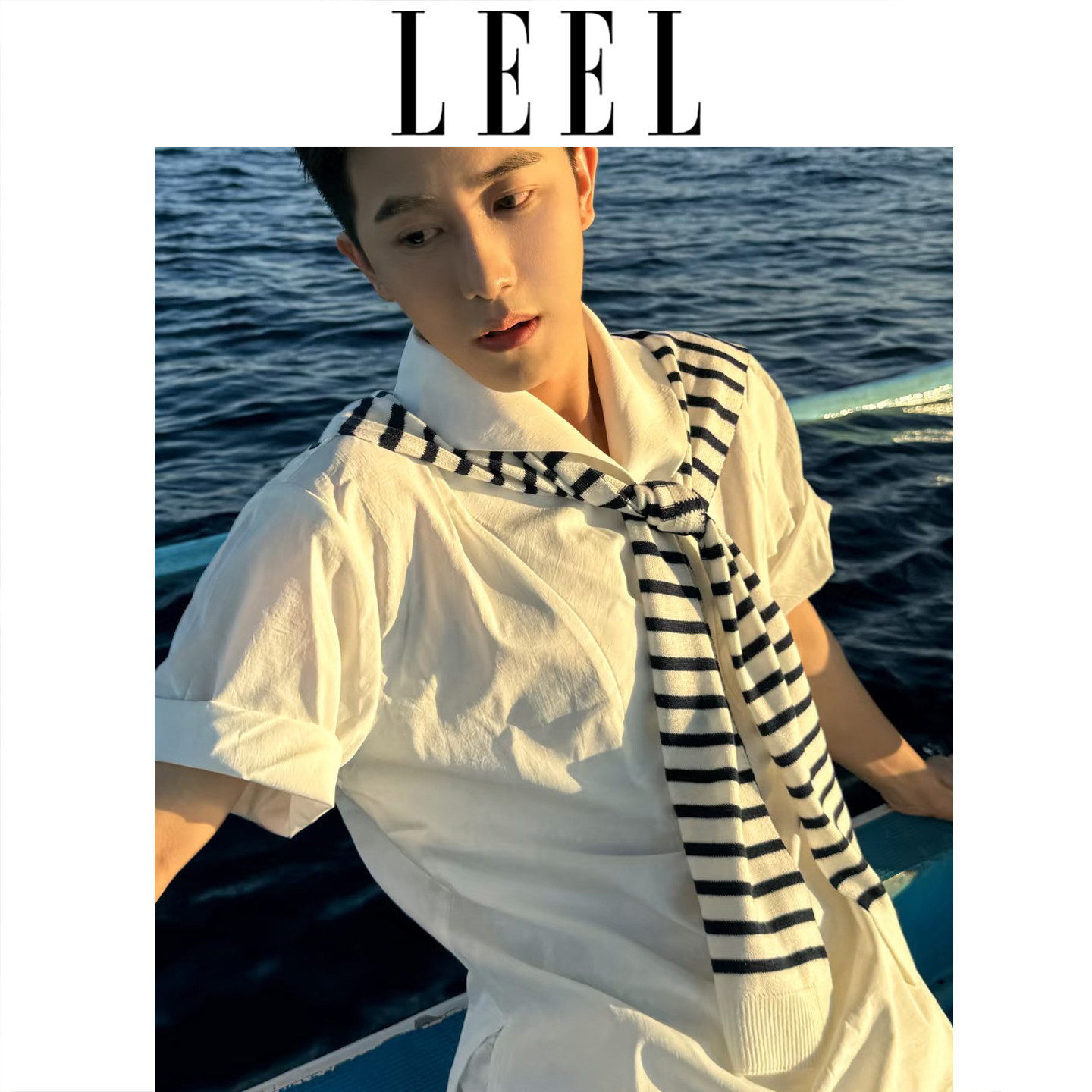 LEEL男士披肩外搭韩系针织小坎肩叠穿夏季休闲薄款时尚条纹假领子