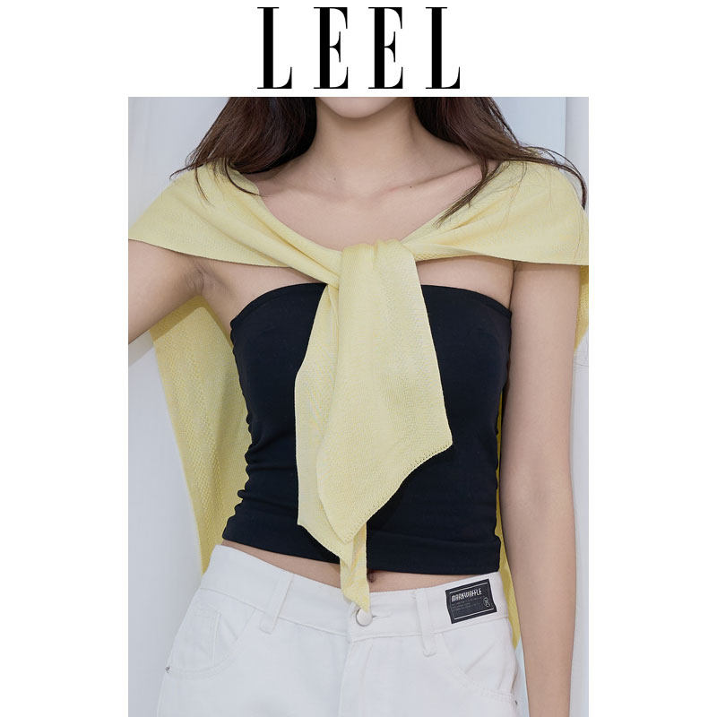LEEL黄色时尚洋气针织小披肩高档女外搭打结坎肩空调房保暖假领子