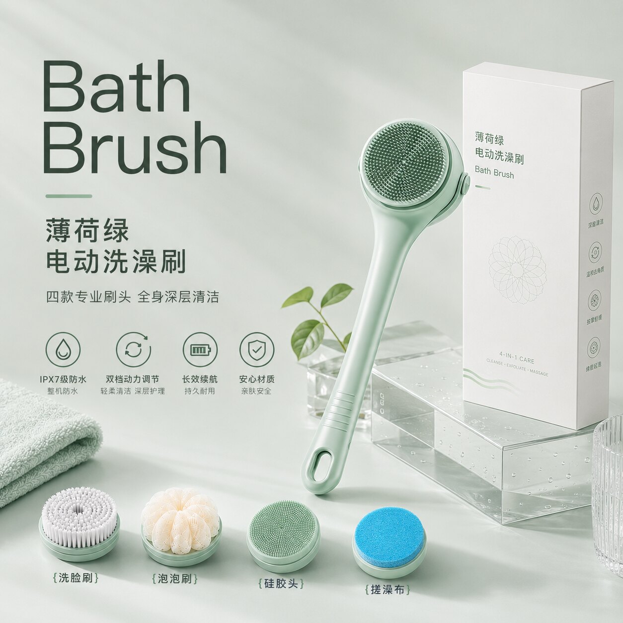 电动双柄电动洗澡刷旋转多功能沐浴刷防水洗澡刷搓背神器搓澡布