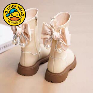 小黄鸭女童靴子童鞋2025秋冬新款儿童公主加绒靴单靴中筒长靴皮靴