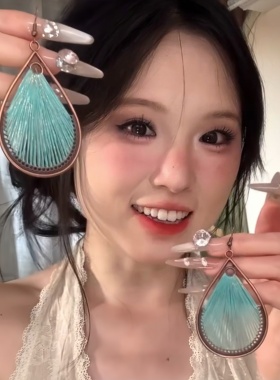 【蓝扇甜汐】独特漂亮耳环湖蓝扇型水滴流苏新中式旗袍度假配饰女