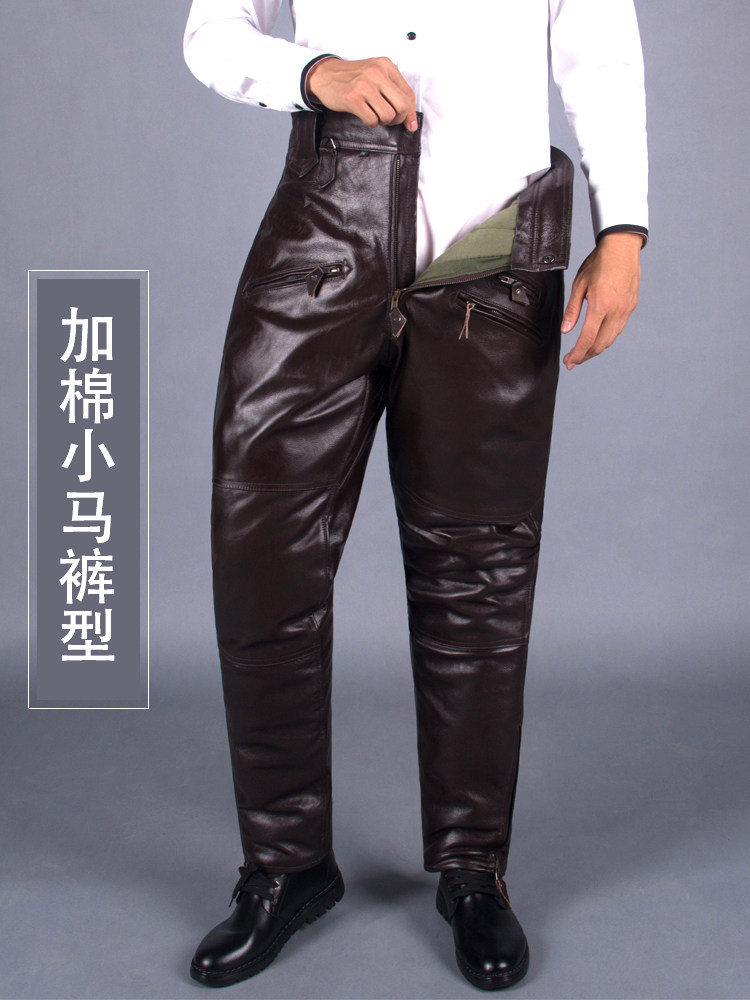 첫 번째 레이어 소 가죽 59 스타일 파일럿  가죽 가죽 바지 남성 가죽 바지 플러스 벨벳 두꺼운 느슨한 겨울 오토바이 바지