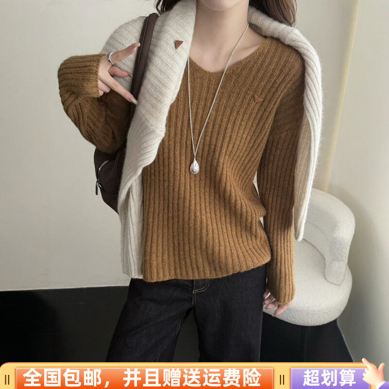 秋季V领宽松显瘦长袖针织衫女