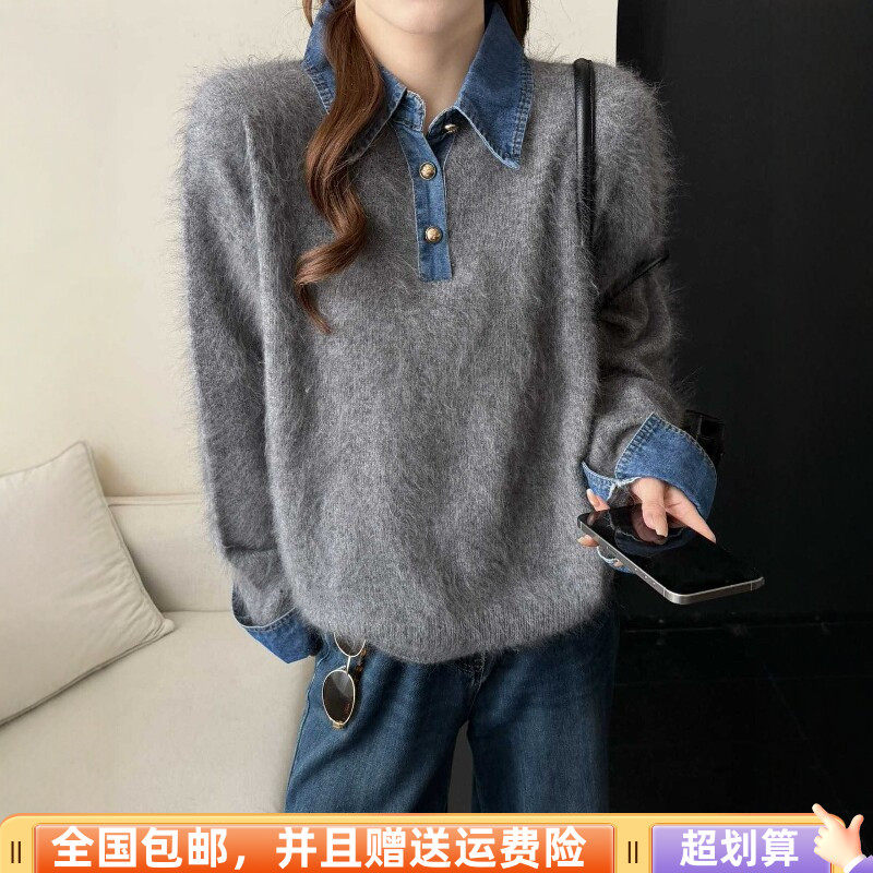 秋季宽松显瘦牛仔拼接毛衣女