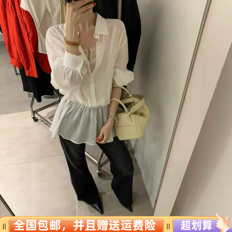 韩系荷叶边假两件蕾丝显瘦衬衫