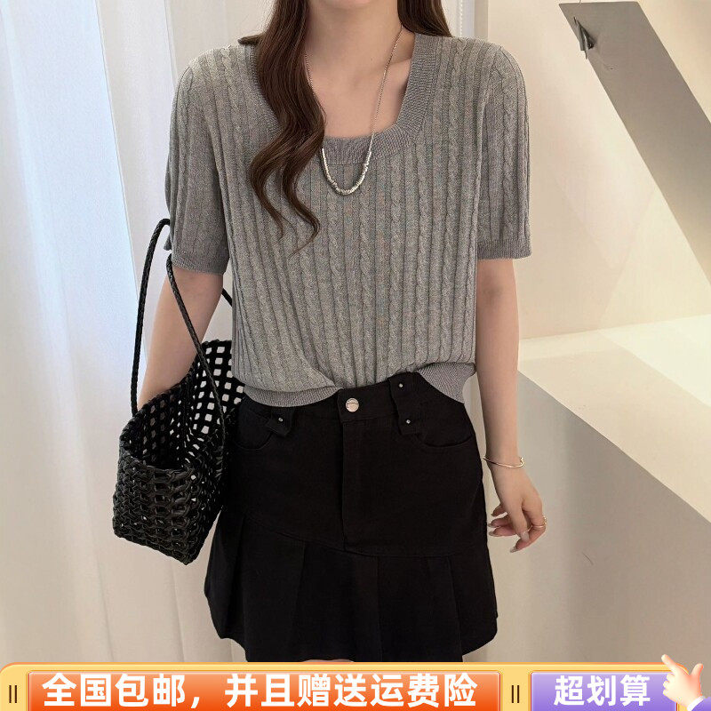 2026春季新品韩版宽松显瘦羊毛短袖针织衫上衣方领设计减龄女潮