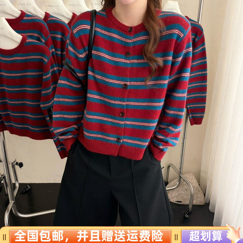 秋季宽松显瘦撞色减龄毛衣女