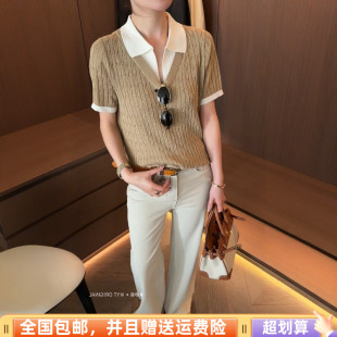 2026春季新品韩版显瘦POLO领羊毛针织衫短袖T恤上衣拼接时尚女潮