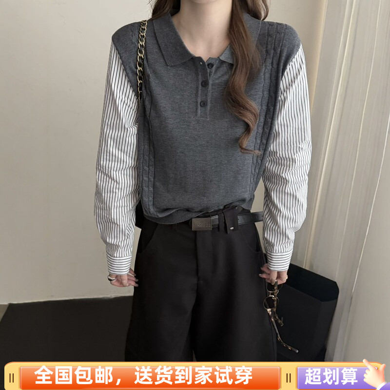 韩版老钱风假两件宽松显瘦针织衫
