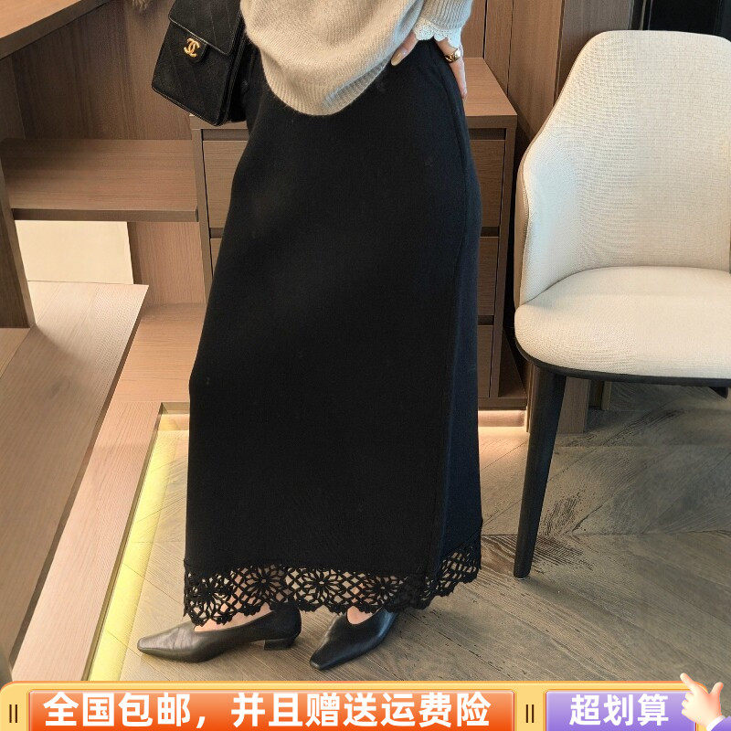 冬季韩版羊毛显瘦蕾丝拼接半身裙