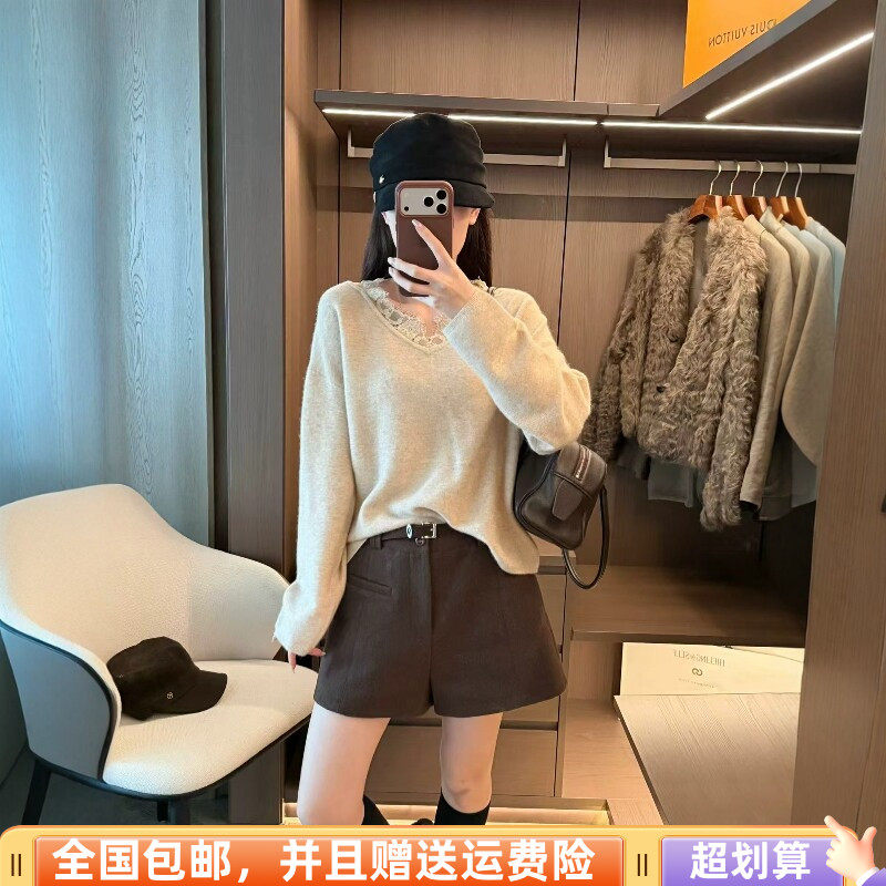2026冬季新品韩版宽松显瘦羊毛套头毛衣慵懒风上衣蕾丝拼接时尚女