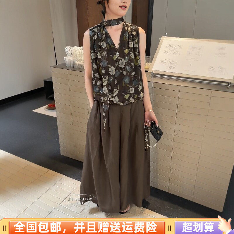 夏季麻料V领碎花飘带无袖衬衫