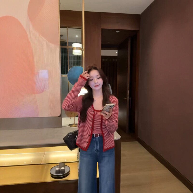 秋季韩版显瘦条纹针织开衫两件套