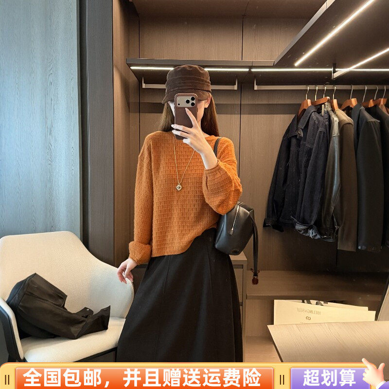 秋季宽松显瘦华夫格套头毛衣女