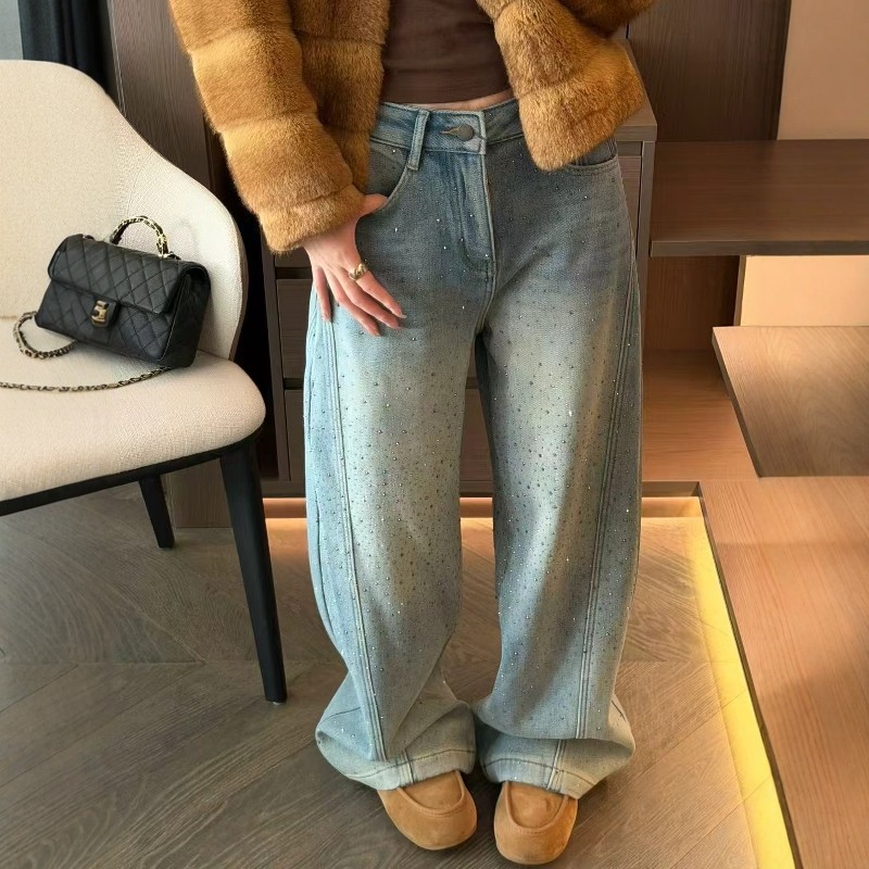 重工烫钻阔腿牛仔裤女2025冬季新品新款高腰直筒拖地裤休闲加绒潮,女装/女士精品,牛仔裤,淘宝优惠券,粉丝福利购,淘宝优惠卷