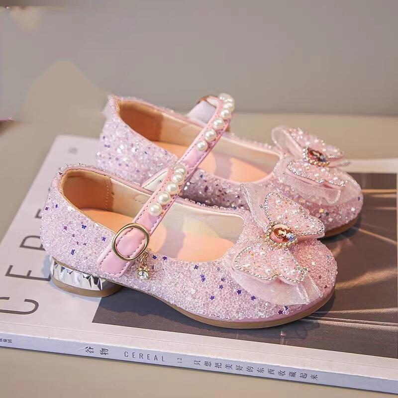 真皮女童水晶鞋软底高跟演出