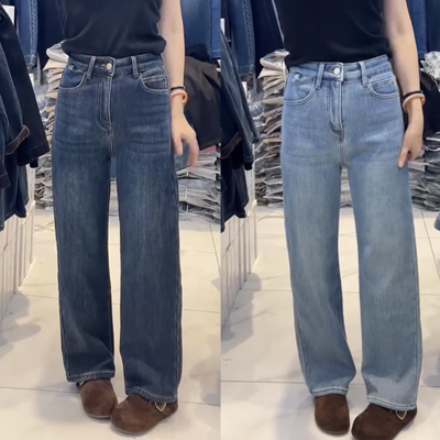 55500冬季新浅蓝加绒牛仔窄版直筒裤女弹力洋气超柔绒显瘦拖地裤