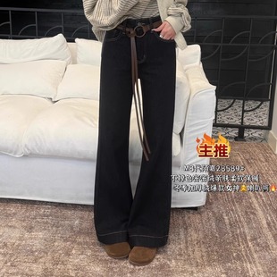 28589欧货时尚丹宁蓝加绒牛仔微喇裤女显瘦弹力密密绒喇叭裤简约
