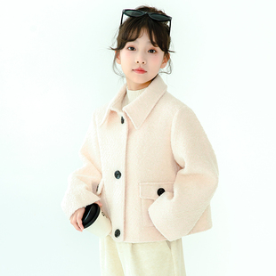 福潴潴 75羊毛女童秋季外套短款儿童呢大衣秋冬新款小香风皮草