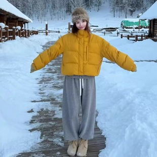 冬装搭配一整套大码胖mm黄色加厚羽绒棉服外套韩系减龄高级套装女
