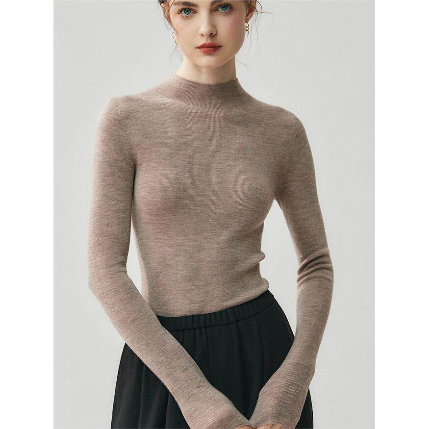 可机洗-无缝羊毛针织上衣女长袖半高领薄款内搭修身羊绒打底衫女