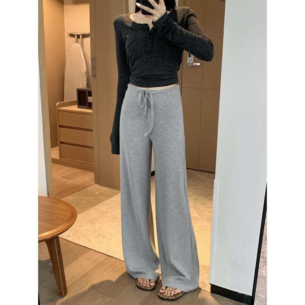 慵懒风高腰抽绳阔腿裤女秋季气质百搭宽松显瘦垂坠感拖地休闲长裤